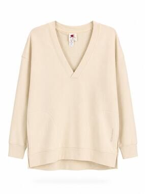 Champion Women’s Cream V-Neck Oversized Sweatshirt Size Small Cotton Blend
